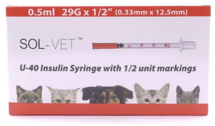 SOL-VET U-40 0.5ml 29G x 1/2" Insulin Syringes with 1/2 unit marking x 100