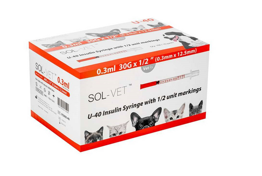 SOL-VET U-40 0.3ml 29G x 1/2" Insulin Syringes with 1/2 unit marking x 100